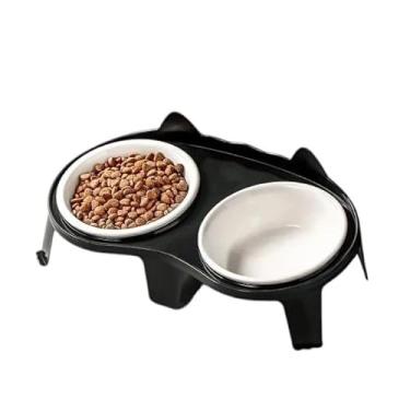 Imagem de Comedouro e Bebedouro Duplo Pet Cerâmica Cão Gato Exquisitamente Trabalhado e Esteticamente Agradável Leve (Preto)