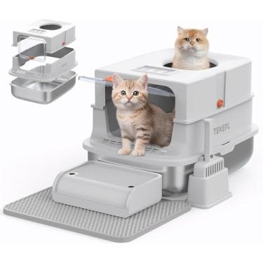 Imagem de Caixa de areia para gatos de aço inoxidável, entrada superior fechada com tampa flip de 180°, bandeja de areia grande anti-vazamento GG para gatos grandes, à prova de odor e fácil de limpar, inclui