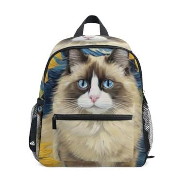 Imagem de GAIGEO Cute Ragdoll Cat Starry Sunflower Children's Backpack with Whistle, 2 Bottle Pockets, Lightweight, Kids Travel Backpack 10x4x12 In, for Ages 3-8