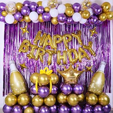 Imagem de Purple Gold Birthday Decorations for Women Girls, Gold Happy Birthday Banner 13th 16th 18th 21st 30th 40th 50th 60th Birthday Party Decorations, Champagne Purple Gold & White Balloon Arch Kit