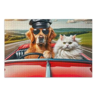 Imagem de Quebra-cabeça de 500 peças, quebra-cabeça engraçado de cachorro e gato dirigindo carro quebra-cabeça desafiador jogo desafio quebra-cabeça para adultos, 52 cm C x 37,8 cm L