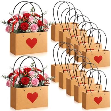Imagem de Tinlade 12 peças de sacos de presente de flores de papel kraft para dia dos namorados, caixas de buquê marrom com alças, bolsa de flores retangulares com forro à prova d'água para Dia dos Namorados