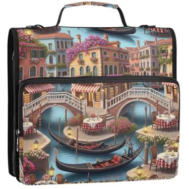 Imagem de Organizador profissional de fichário com zíper de 3 cm, 3 anéis, portfólio de cenas de canal veneziano resistente, comporta 500 folhas, bolsa escolar com alça de ombro, 34,5 x 31,5 x 9 cm