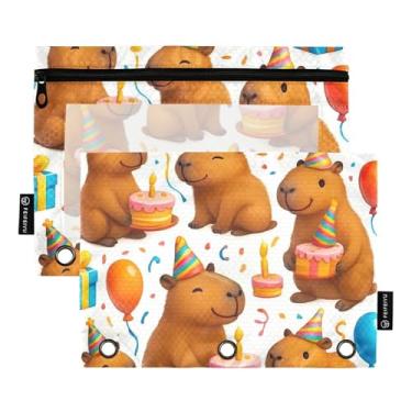 Imagem de Estojo de lápis arco-íris com 3 anéis fofos capivaras chapéus de festa bolsa branca para lápis com zíper fichário escolar bolsos transparentes pastel 25 x 18 cm, 2 pacotes