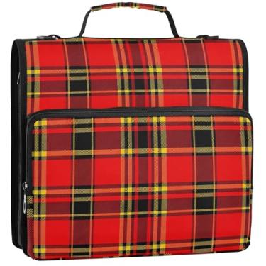 Imagem de Organizador de fichário rosa com zíper, 3 anéis, 3 anéis, tartan, xadrez, vermelho, pasta de armazenamento com alça, bolsa escolar com alça de ombro, 34,5 x 31,5 x 9 cm