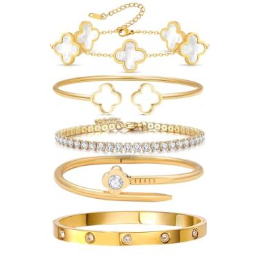 Imagem de Arthur Liu Conjunto de 5 pulseiras empilháveis de flores da sorte, One Size, Aço inoxidável, Zircônia cúbica