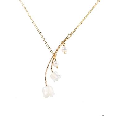 Imagem de Colar de Lírio do Vale com pingente de pérola e flor de lírio floral, joia, Aço inoxidável, Sem Pedra Preciosa