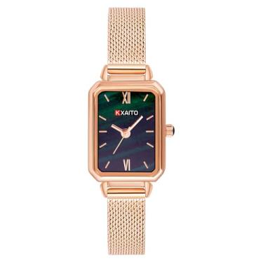 Imagem de KXAITO Relógio feminino com mostrador verde malaquita, caixa quadrada, pulseira de couro, relógios à prova d'água 3ATM, presente para Natal, Dia dos Namorados, Dia das Mães, aniversário, Malha, ouro