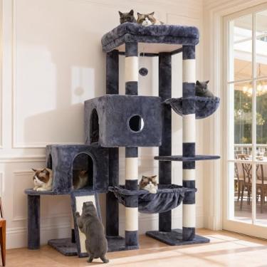 Imagem de Hey-brother Torre de árvore para gatos, postes arranhadores com plataforma grande, 2 condomínios, rede espaçosa, cesta aconchegante, placa de sisal para adultos grandes, casa de escalada progressiva