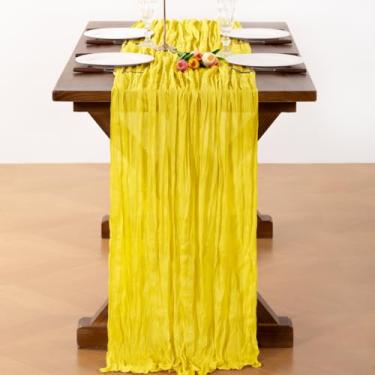 Imagem de Santaben Caminho de mesa de gaze rústico boho amarelo 4 peças 50 cm × 300 cm caminho de mesa de pano de queijo 3 m para festa de aniversário de inverno cerimônia de casamento chá de bebê decoração de