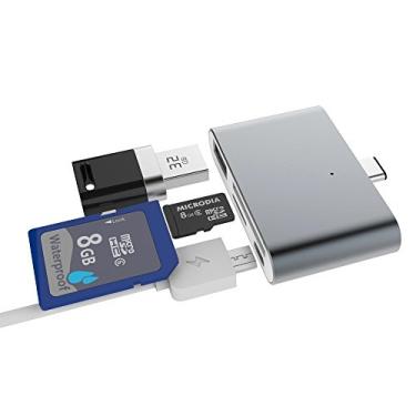Imagem de PinPle Leitor de cartão USB 3.1 tipo C, adaptador OTG HUB com porta de carregamento micro USB para cartão de memória SD/TF, suporte a MacBook e dispositivos tipo C (cinza)