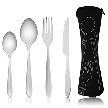 Imagem de Cutlery Set with Portable Bag, Stainless Steel Cutlery Camping Utensils Set with Neoprene Bag for Outdoor Travel Picnic Office School Lunch Box 4 Pieces