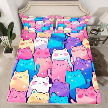 Imagem de Jogo de cama kawaii, 3 peças, decoração de gatinho colorido, para meninos, meninas, adolescentes, lençol com elástico para meninos, meninas, adolescentes, lençol com elástico com 2 fronhas (sem lençol