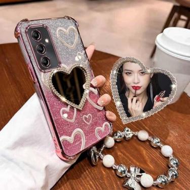 Imagem de Capa de celular espelhada com alça de pulso e airbag, glitter e coração, para Samsung Galaxy A13, A14, A15, A16, A23, 34, A35, A36, A54, A55, 4G e 5G, ouro rosa, para Samsung A14 4G