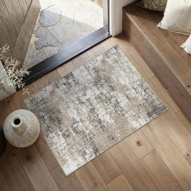 Imagem de PureCozy Tapete abstrato 2x3 marrom lavável moderno tapete de entrada antiderrapante ultra macio neutro tapete de porta pequeno contemporâneo para banheiro, lavanderia, cozinha, sala de jantar