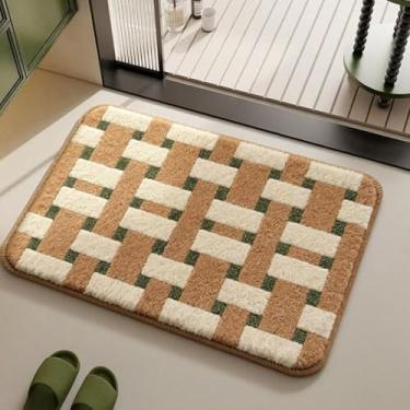 Imagem de CDHZYQ Tapete de banho xadrez boêmio, tapete de banheiro de caxemira sintética ultramacio, tapete de chuveiro absorvente antiderrapante para banheira, pia, quarto, design geométrico verde cáqui (verde