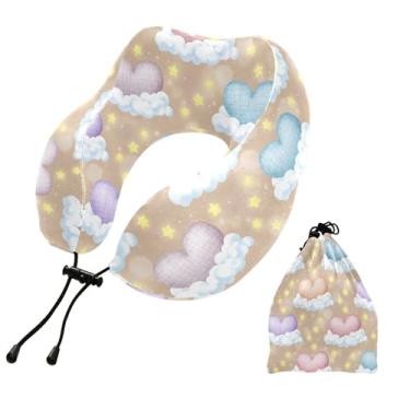 Imagem de Burbuja Almofada de pescoço com coração nas nuvens, almofada de viagem de espuma viscoelástica para dormir, suporte de cabeça de carro de avião, lavável na máquina e portátil