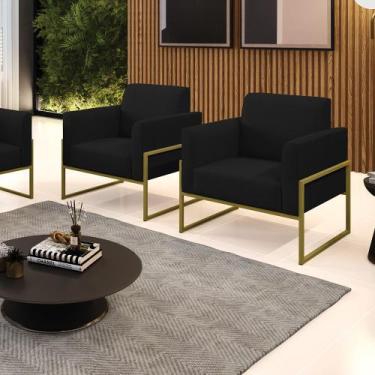 Imagem de Kit 2 Poltronas Base Industrial Alta Dourado Marisa Linho Preto A79 - 