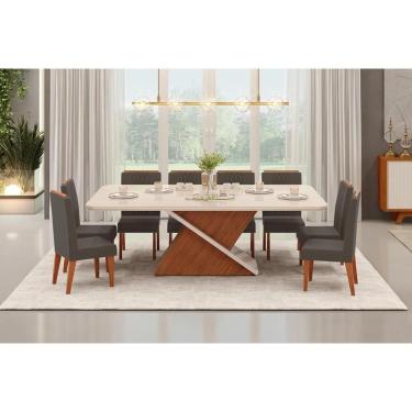 Imagem de Sala de Jantar Completa Zafira c/ Tampo Madeirado c/ Vidro Curvo 200x100cm e 8 Cadeiras Lia Freijo/Off White - Suede Lunar - DJ Móveis
