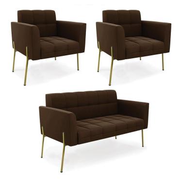 Imagem de Sofá Namoradeira E 2 Poltronas Pé De Ferro Dourado Elisa Suede D03 - D'rossi Cor Marrom
