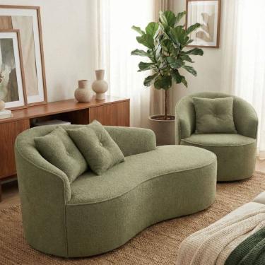Imagem de Kit de 01 Sofá Orgânico Curvo Feijão + 01 Poltrona Confortável Sala Estúdio Amore Bouclê Verde Oliva - Montanari`s Decor