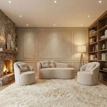 Imagem de Kit de 01 Sofá Orgânico Curvo Feijão + 02 Poltronas Confortável Sala Estúdio Amore Bouclê Bege - Montanari`s Decor