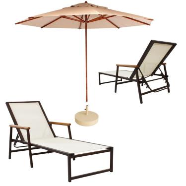 Imagem de 2 Espreguiçadeiras Alumínio + Ombrelone Piscina Praia Lazer Bege Claro