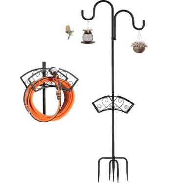 Imagem de Suporte de mangueira de jardim, suporte de mangueira de água resistente atualizado, suporte de mangueira independente com 2 ganchos de pastores, mastro de alimentador de pássaros espesso, organizador