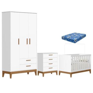 Imagem de Quarto de Bebê Flip com Cômoda Gaveteiro Branco Acetinado com Colchão – Reller
