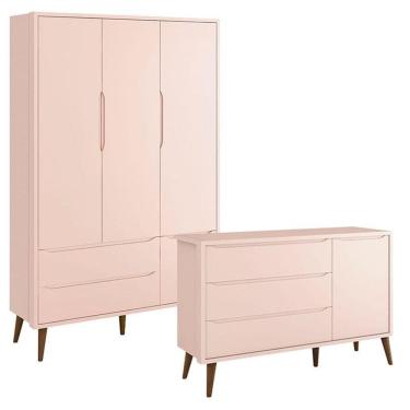Imagem de Guarda Roupa Infantil 3 Portas e Cômoda Theo 1 Porta Rosa com Pés Amadeirados – Reller