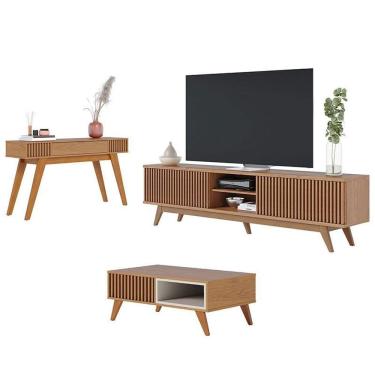 Imagem de Rack Bancada Fortaleza com Aparador Riviera Freijó e Mesa de Centro Jeri Freijó Off White - Colibri