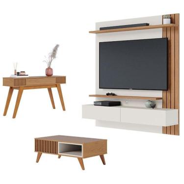 Imagem de Painel para Tv Home Suspenso Juriti 1.5 Off White Matte Freijó com Mesa de Centro Jeri Freijó Off White e Aparador Riviera Freijó - Colibri