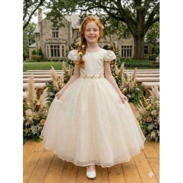 Imagem de Vestido Infantil Formatura Bege Off White Longo com Glitter para Dama 