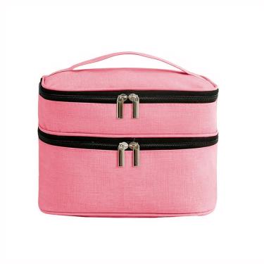 Imagem de Necessaire de Viagem Bolsa Dupla em Poliéster 15,5x23x17CM Rosa com Dois Andares e Organizador de Maquiagem