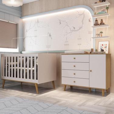 Imagem de Quarto Bebê Retrô Berço Americano 3 em 1 Ludmila Cômoda Infantil Fraldário Lígia 100% MDF Off White Carolina Baby