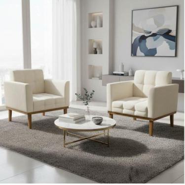 Imagem de Poltrona Sala Decorativa Kit 2 Elisa Base Madeira Castanho Cotelê Ext/