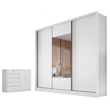 Imagem de Guarda Roupa Casal Medelim Com Espelho E Cômoda Seul Neve - Novo Horiz
