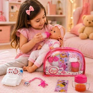 Imagem de Kit Cuidados com Bebê Acessórios Bonecas Bolsa Infantil Rosa Mamadeira