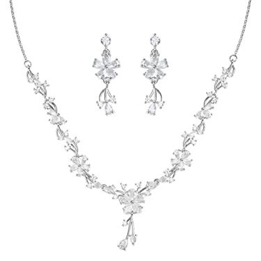 Imagem de YYSuniee Conjunto de joias de casamento com folhas de flores para noivas elegante zircônia cúbica colar de videira brincos pendentes para presente feminino, Cobre, Zircônia cúbica