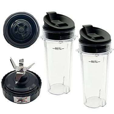 Imagem de Lâmina de 5 quilhas para liquidificador e 2 copos de dose única de 473 ml com tampas peças de reposição para Ninja, lâmina extrator de base para liquidificador Nutri Ninja 700 watts QB3000, QB3000SS, QB3000SSW, QB3001SS 30, QB3004, QB30005