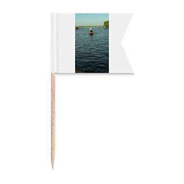 Imagem de Bandeiras de palito de dente modernas para presente Art Deco Fisherman Lake Marcação para bolo de festa, prato de queijo