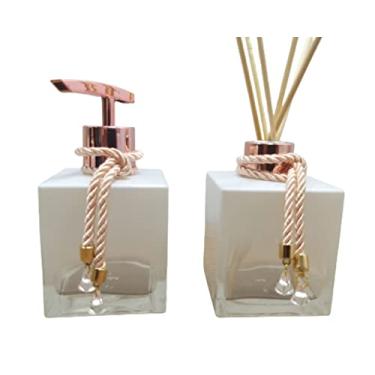 Imagem de Kit Lavabo Aromatizador Porta Sabonete Líquido-Jogo para Banheiro Saboneteira e Difusor de Varetas-Branco Degradê e Rosê Gold-Luiggi Presentes®