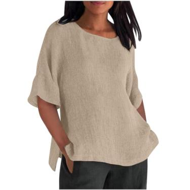 Imagem de Lainuyoah Blusas soltas da moda para mulheres 2024 blusa moderna estampada meia manga casual de linho pulôver camisetas modernas divididas, Caqui, P