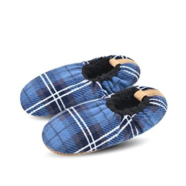 Imagem de DICUIRD Meias masculinas de sola macia com garras, chinelos aconchegantes e quentes com forro de lã de ovelha com parte inferior antiderrapante, chinelos felpudos para casa, Azul treliça, 7-9.5