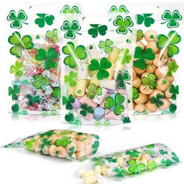 Imagem de Frienda 60 unidades de sacos de doces de plástico a granel de trevo de plástico para doces em massa verde irlandês presentes de festa com alças para festa de aniversário de duende do dia de São