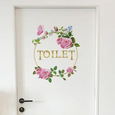 Imagem de 2 peças de adesivos de porta de banheiro, vaso sanitário, adesivos de parede para banheiro, descasque e cole removíveis, faça você mesmo, linda flor, lavagem, decoração de porta de quarto (rosa)