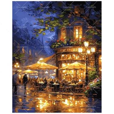 Imagem de Kit de pintura romântica de café parisiense por números para adultos - DIY pintura de paisagem urbana noturna estética em tela 40,6 x 50,8 cm, conjunto de tinta acrílica, adequado para iniciantes