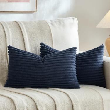 Imagem de Fancy Homi Conjunto de 2 capas de almofada decorativa pequena azul marinho Boho para cadeira de sofá-cama, decoração de quarto boêmio moderno, capa de almofada retangular de veludo cotelê macio e fofo