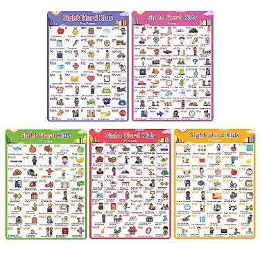Imagem de Zwttey 5 peças 220 pôster de aprendizagem de palavras à vista com imagens e frases, material de sala de aula pré-escolar para jardim de infância, auxiliares de ensino de professores, 5 folhas, tamanho