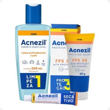 Imagem de Kit Cimed Acnezil: Sabonete Líquido Facial, Protetor Solar FPS 30 e Ge